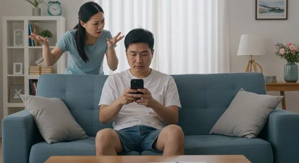 Chinese Woman Nagging Husband Handphone Constant Criticism or Nagging